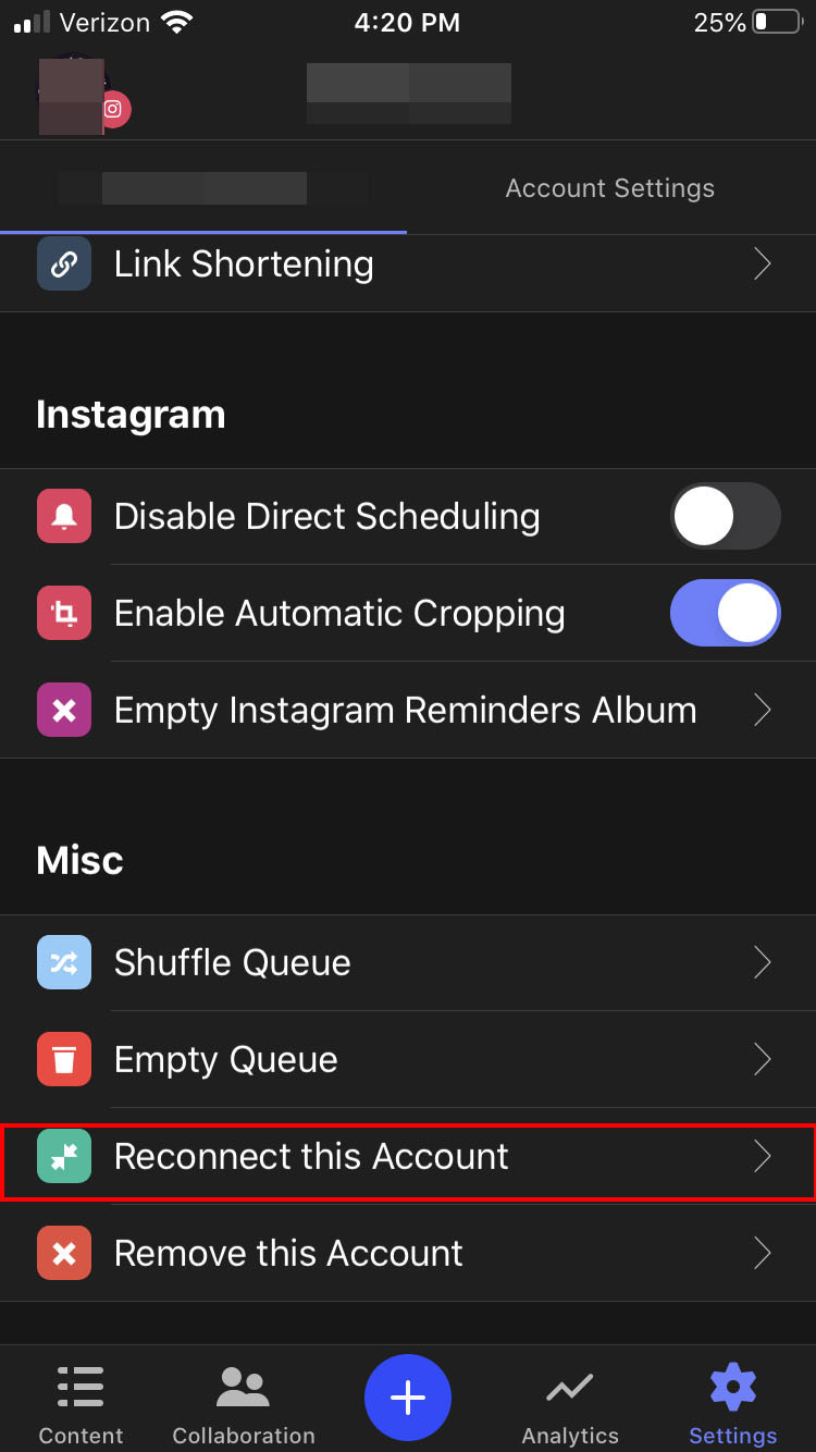 IOS Buffer Mobile App Settings Screen