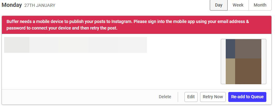 Screenshot of Error Message on Buffer Desktop Account when Instagram is not connected on the Buffer Mobile App